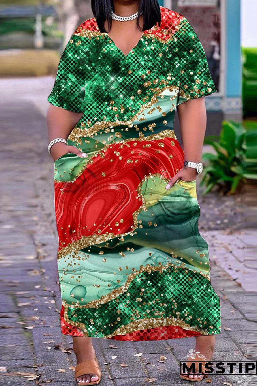 Dark Blue Casual Print Patchwork V Neck Short Sleeve Dress