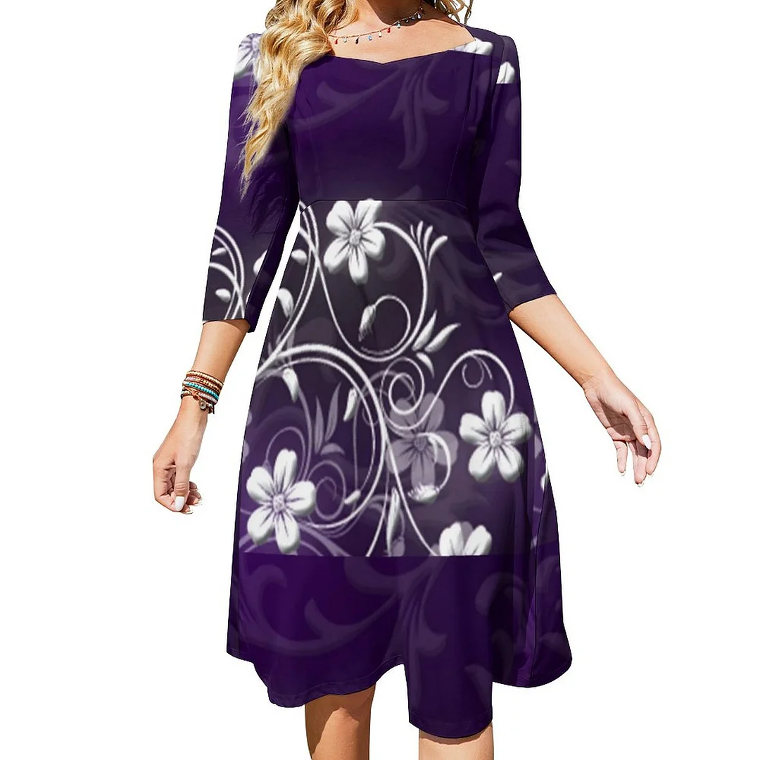 Purple Flower Print Waveline Design Dress Sweetheart Tie Back Flared 3/4 Sleeve Midi Dresses