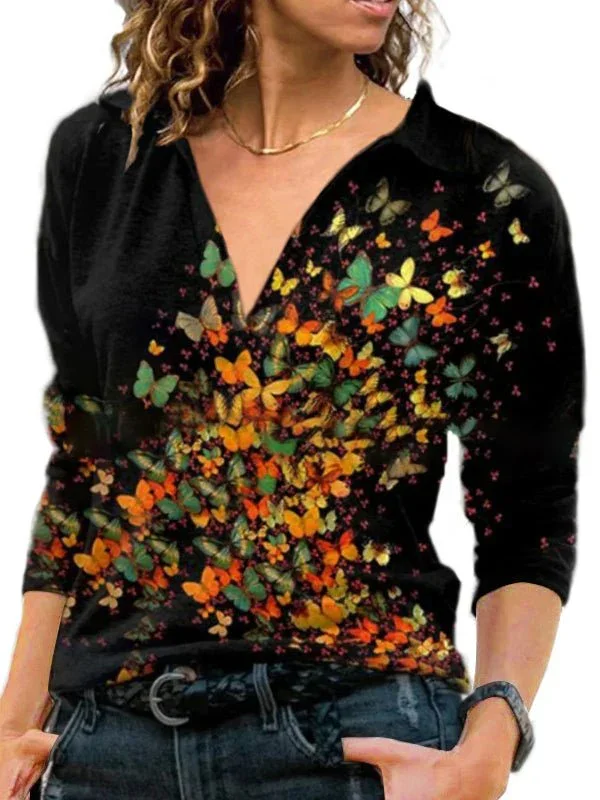 Women's T-Shirts Vintage V Neck Lapel Long Sleeve T-Shirt