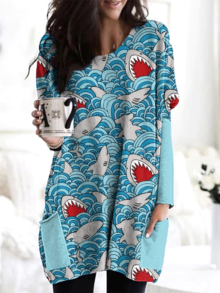 Sharks & Waves Print Casual Cozy Long T-Shirt wearshes