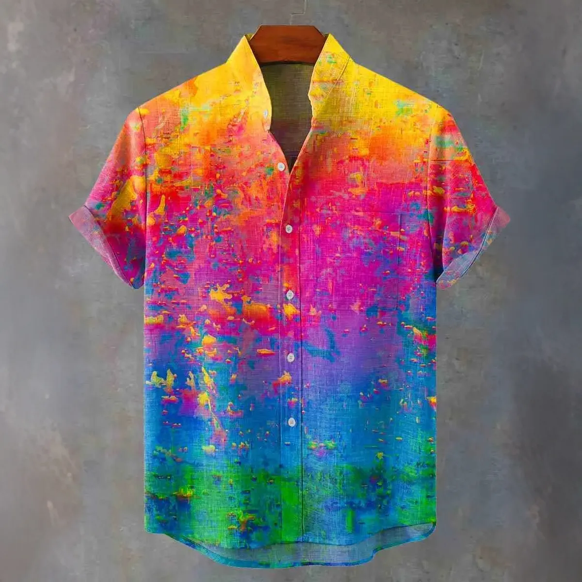 Men's Colorful Gradient Art Pattern Linen Blend Short-sleeved Shirt  artssus
