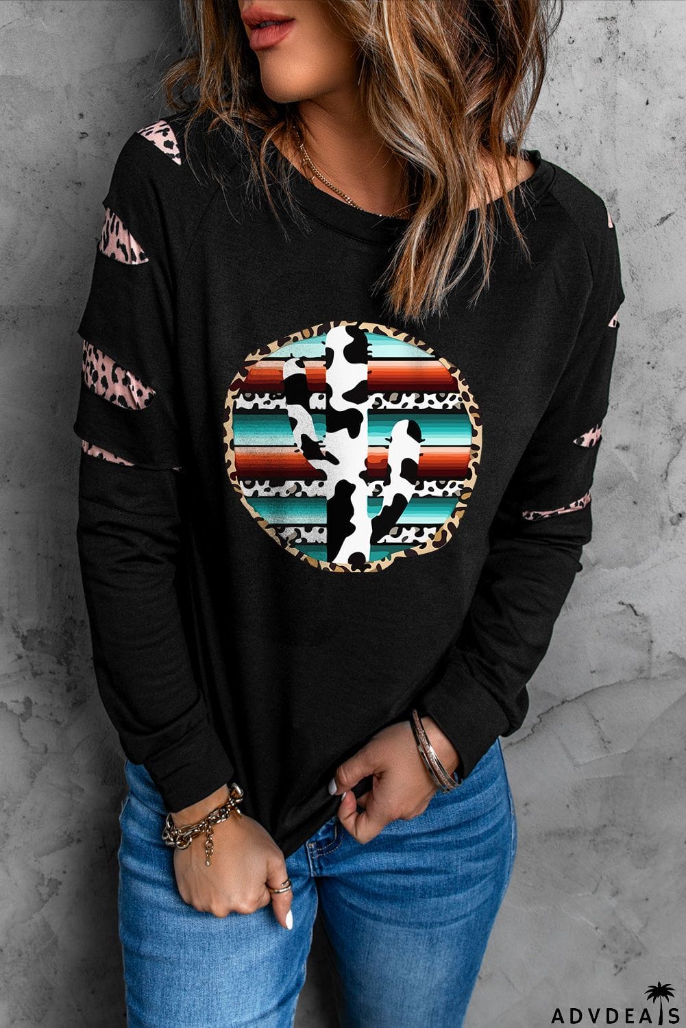 Cow Cactus Graphic Print Contrast Long Sleeve Sweatshirt