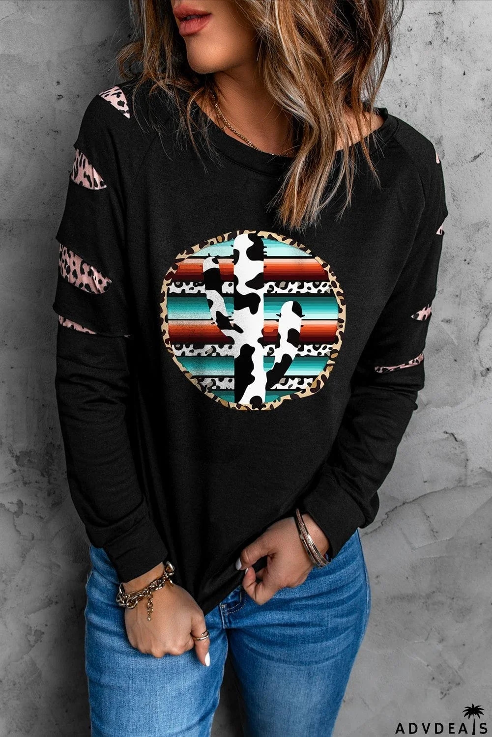 Cow Cactus Graphic Print Contrast Long Sleeve Sweatshirt