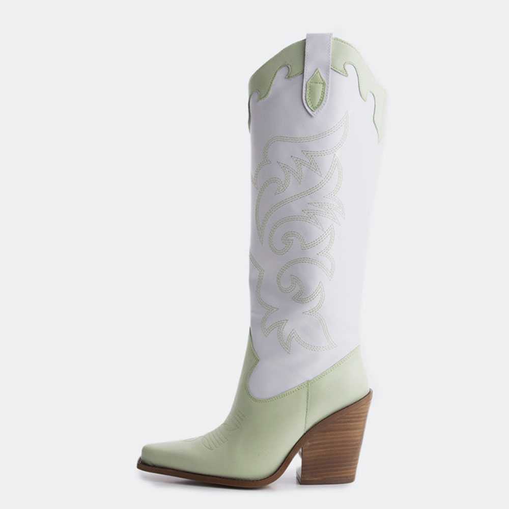 Light Green & White Snip Toe Cowgirl Knee High Boots with Embroidery Nicepairs