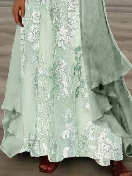 Women's Long Sleeve V-neck Floral Printed Two Pieces Maxi Dress