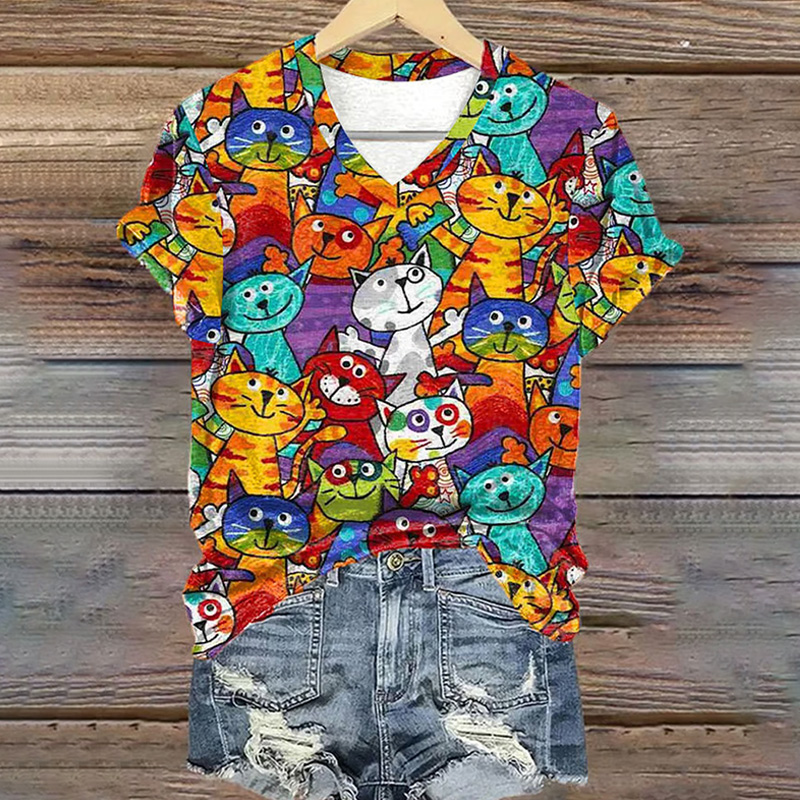 Women's Retro Funny Animal Cat Printed T-shirt wearshes