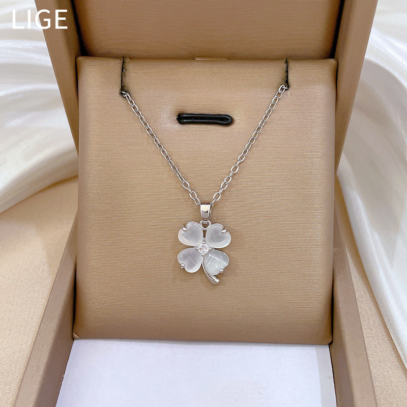 Cat’S Eye Clover Fashion Gorgeous Full Diamond Necklace Women’S All-Match Clavicle Chain Titanium Steel