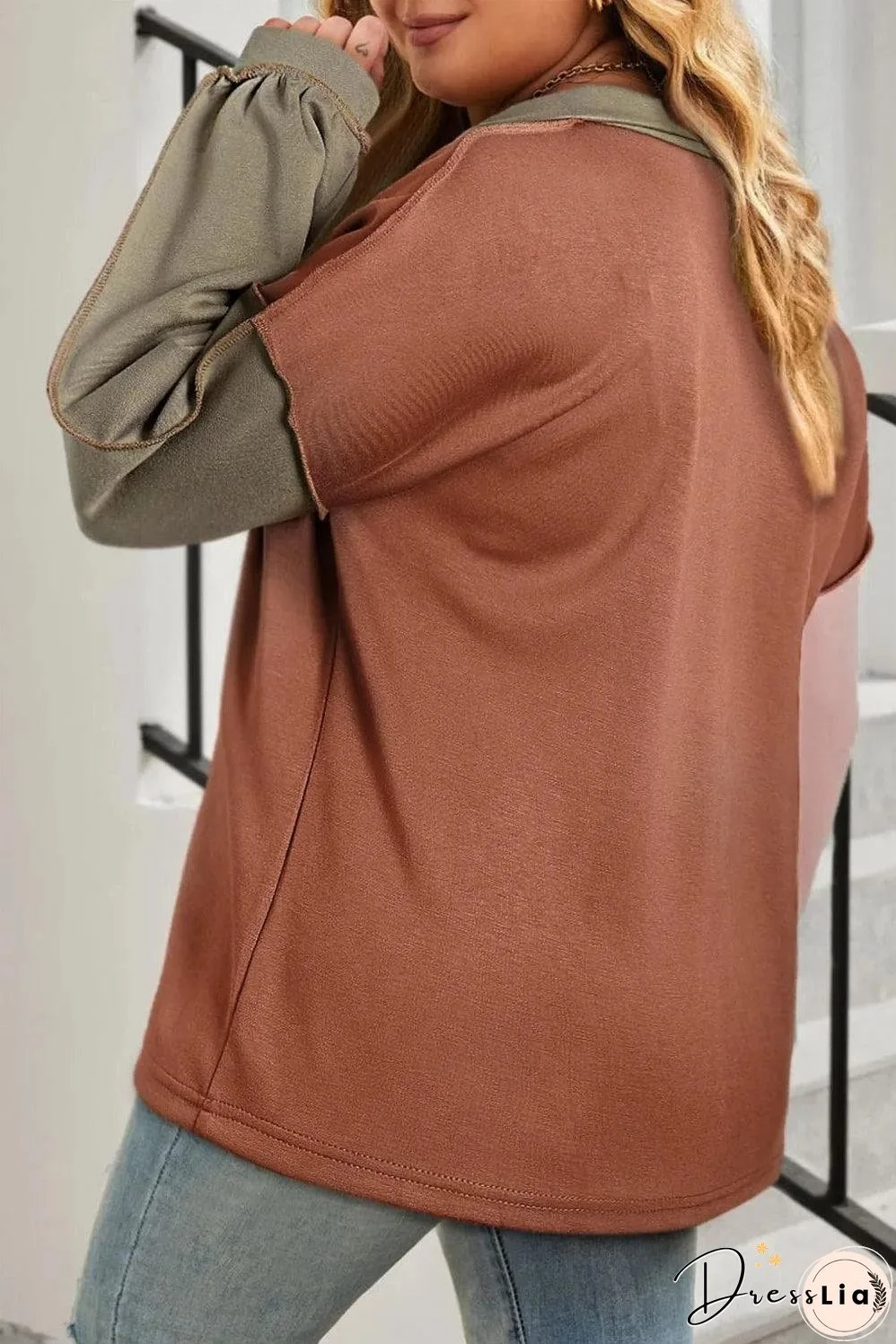 Gold Flame Plus Size Colorblock Exposed Seam Quarter Zip Sweatshirt