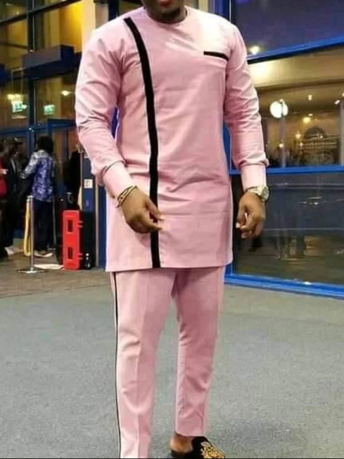 Men's fashion casual pink print two-piece suit