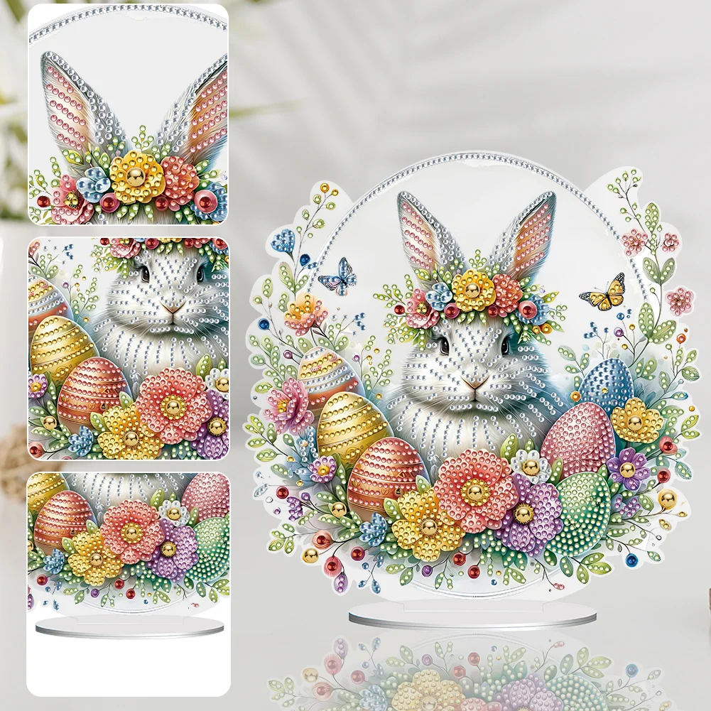 DIY Easter Cute Rabbit Egg Single-Sided Acrylic Diamond Painting Tabletop Ornament for Home Office Desktop Decor
