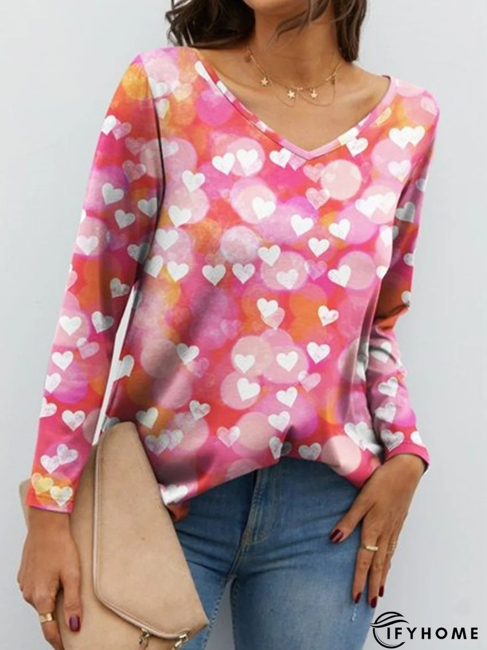 Love Heart Long Sleeve V Neck Casual Tunic T-Shirt | IFYHOME