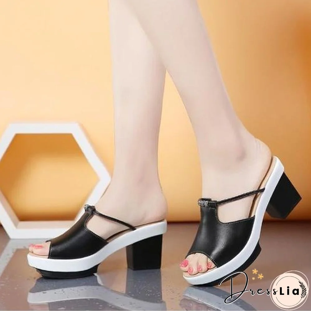 Summer Women Leather Slip On Slippers Casual Mature Square Heel Sandals