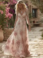 Boho Pink Floral Embroidered Glitter Flowy Linen Maxi Dress