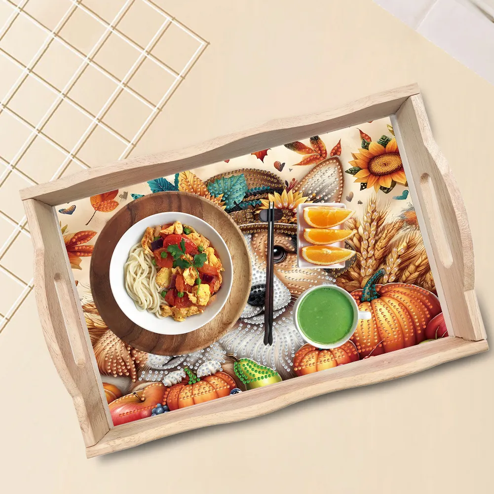 5D DIY Wooden Autumn Dog Diamond Painting Serving Tray for Home Decor
