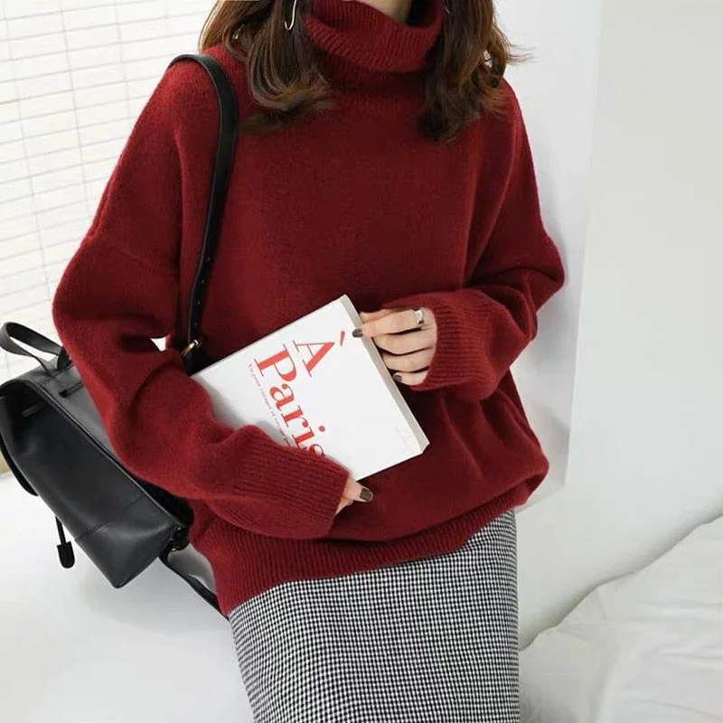 Turtleneck Cashmere Sweater Woman Fashion Loose Thick Warm Pullover Tops 2021 Winter Solid Jumper Female Knitted Wool Sweaters