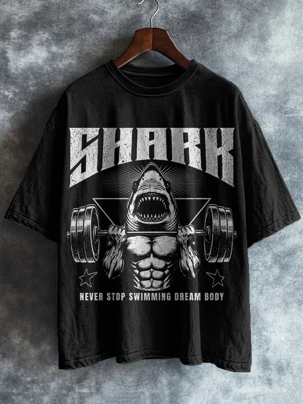 Men's Shark Never Stop Swimming Dream Body Fitness Pattern Workout T-Shirt