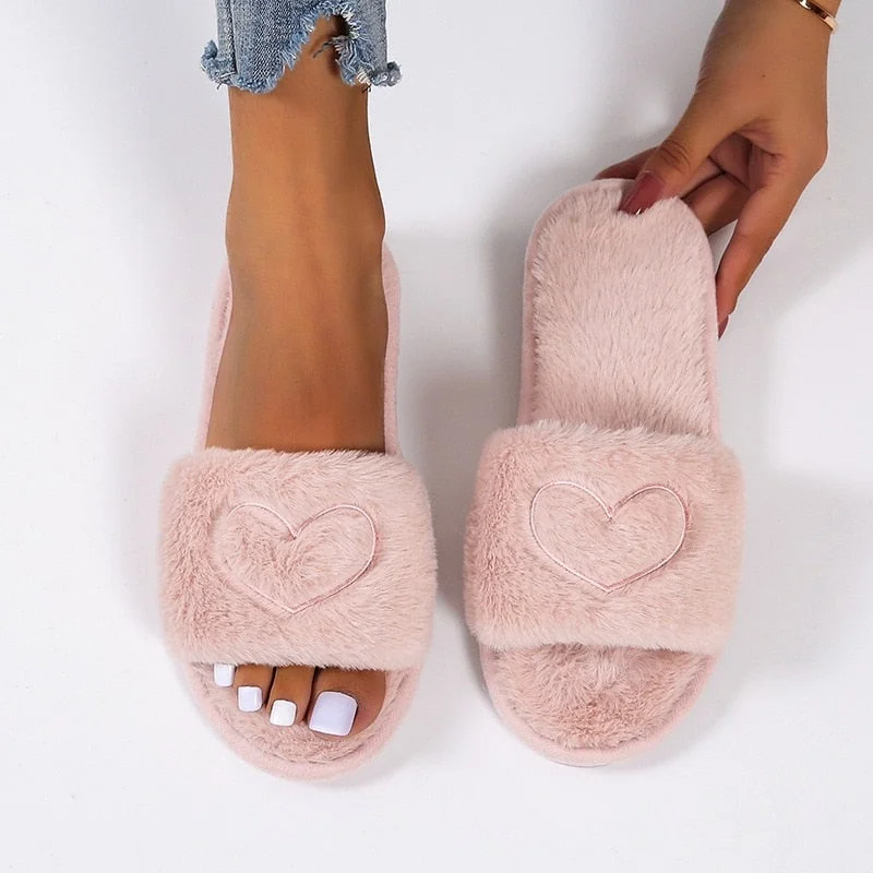 Warm Fluffy Slippers Women Faux Fur Slipper Female Indoor Floor Slides Flat Soft Furry House Shoes Letteer Flip Flops Ladies