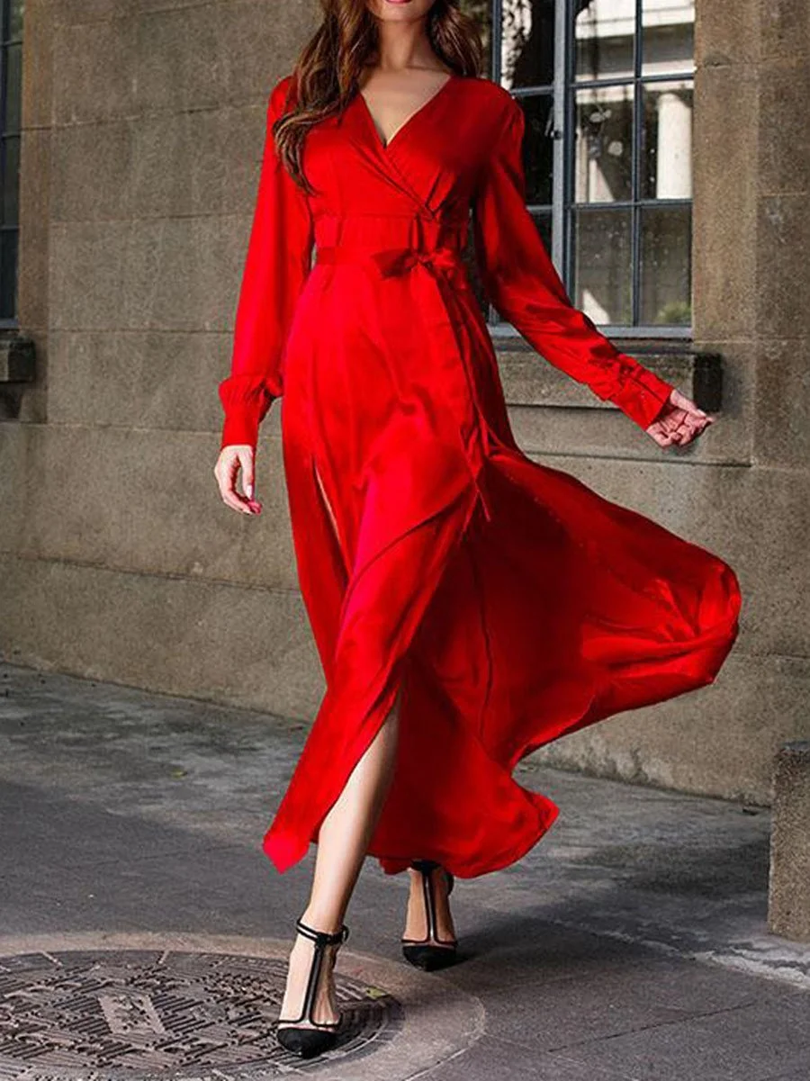 V Neck Wrap Sashes Sexy Elegant Split Long Sleeve Dress