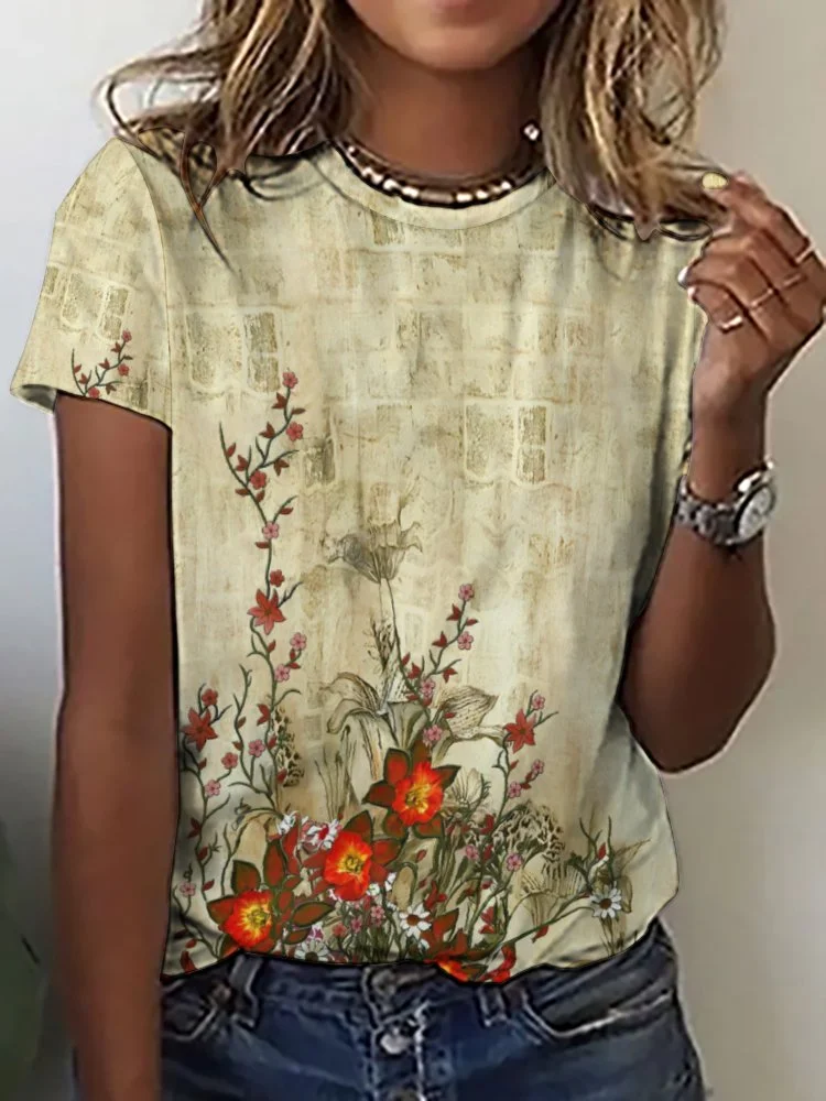 Printed Short Sleeve Casual T-shirt for  Women and Men Unisex Pattern Floral,Red,Beige,Gray