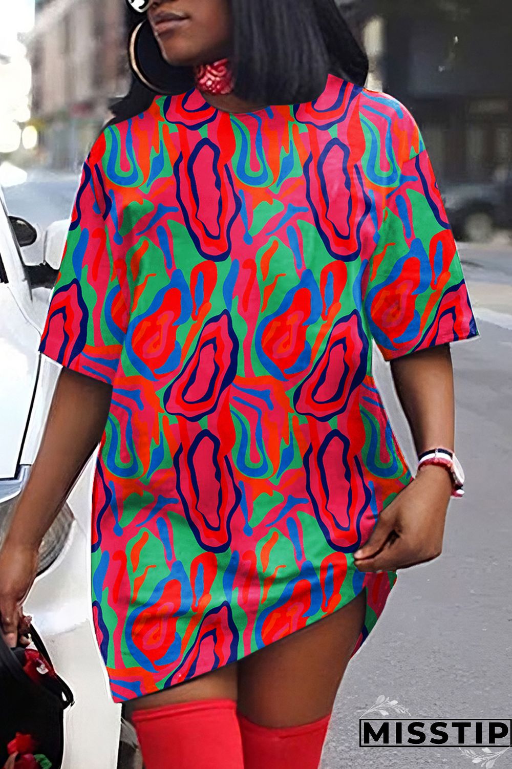 Rose Red Casual Print Basic O Neck T-shirt Dress Short Sleeve Dress