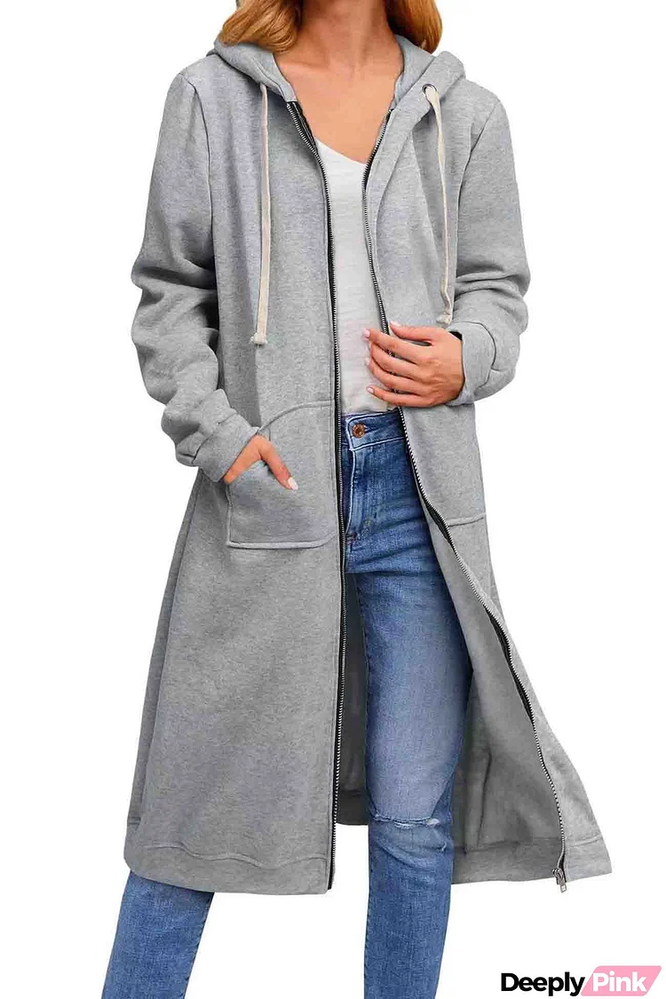 Solid Zip Up Drawstring Hooded Long Cardigan