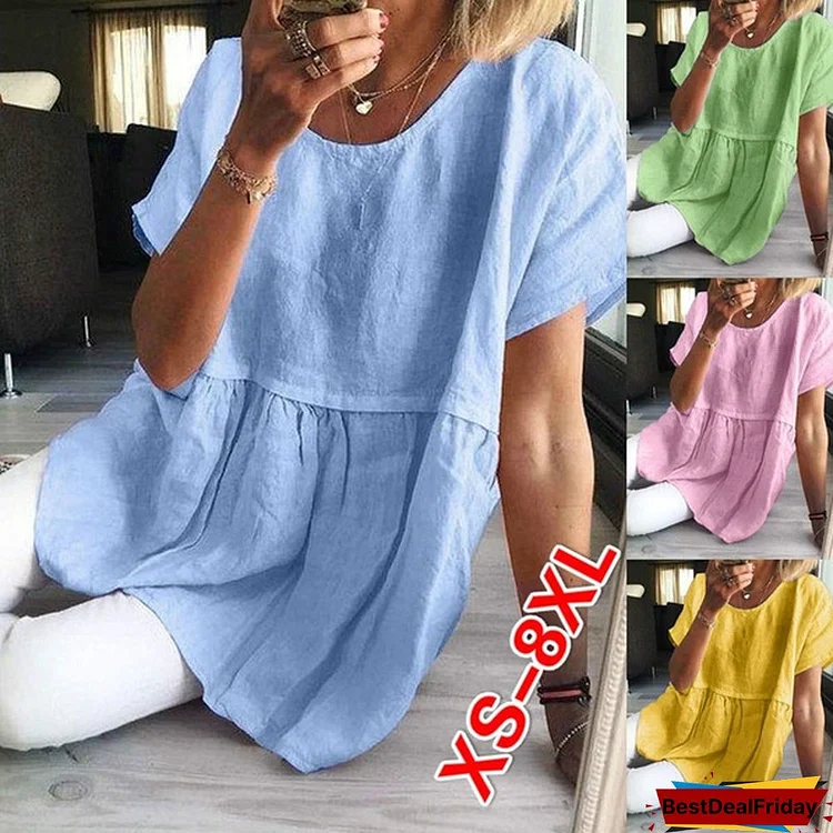 XS-8XL Plus Size Fashion Tops Summer Clothes Women's Casual Short Sleeve Shirts O-neck Linen Blouses Ladies Beach Wear Solid Color Loose T-shirts