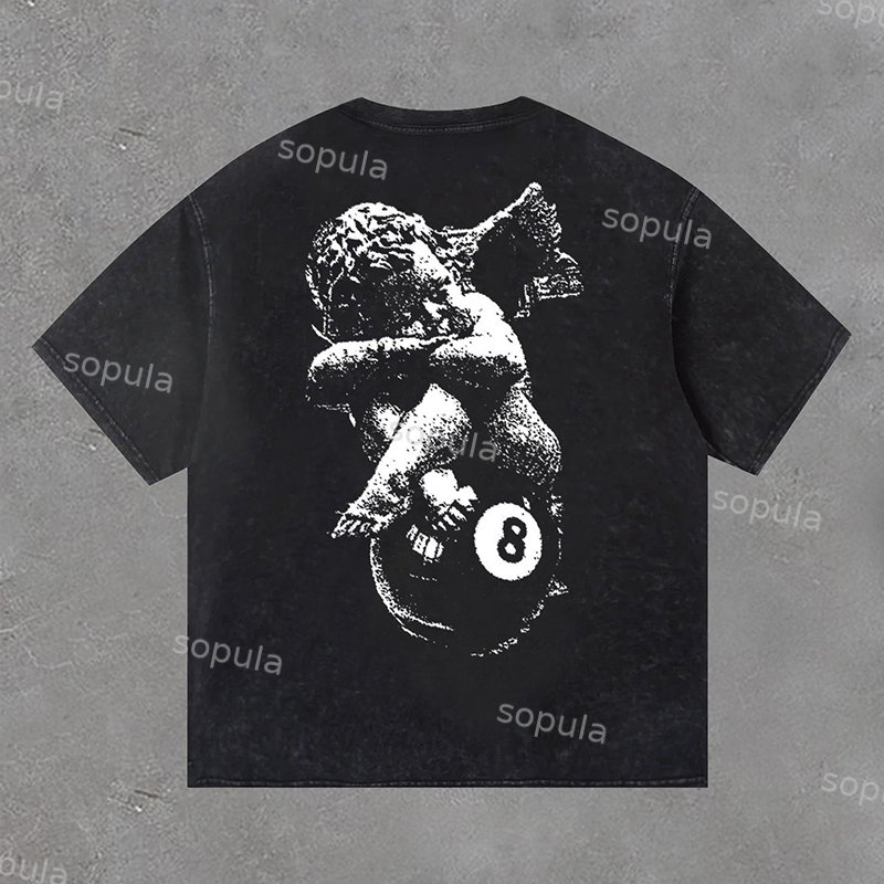 Retro Angel Print No 8 Acid Washed Short Sleeve T-Shirt - SOPULA