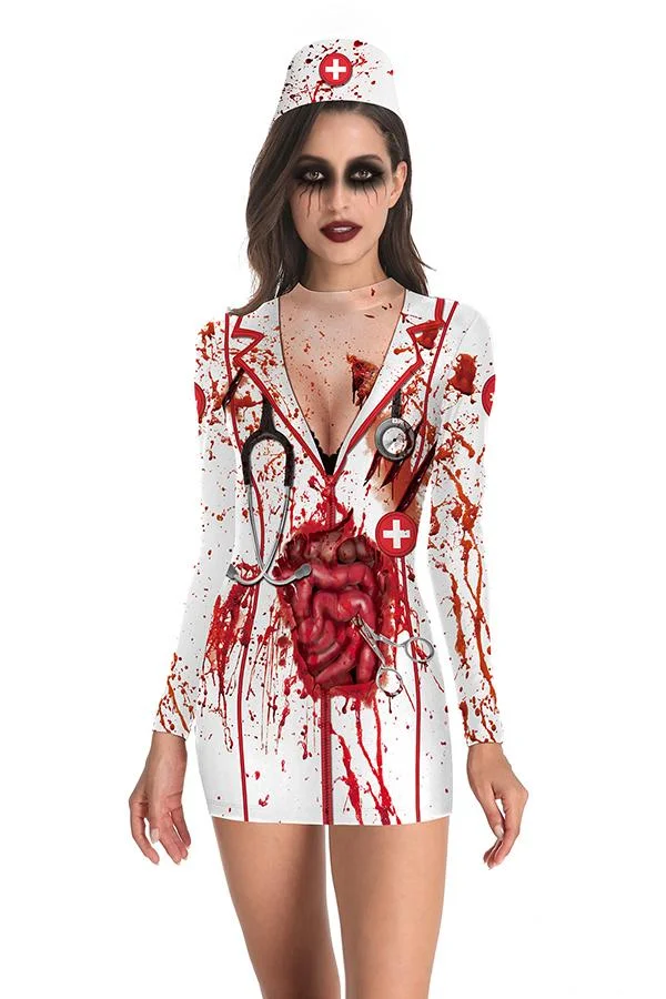 Women Creepy Bloody Internal Organs Print Halloween Costume White