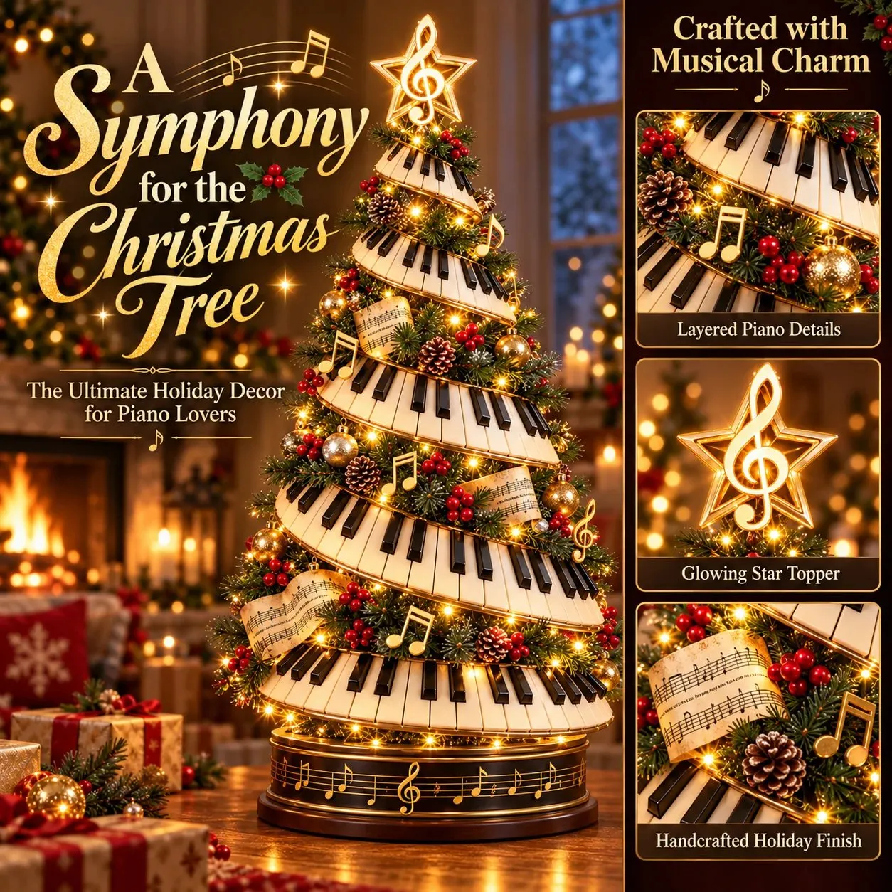 Close-up of the Piano Christmas Tree's musical design details
