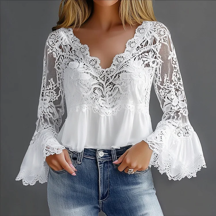 Ursime Lace V Neck Flare Sleeve Peplum Blouse
