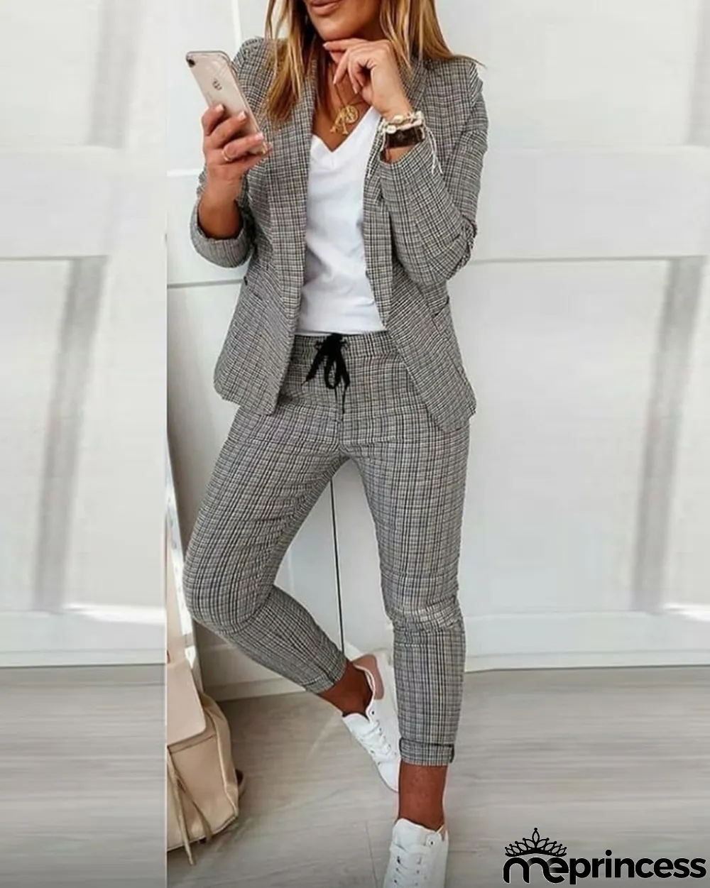 Casual Fashion Suit Women's Plaid Blazer and Pants Suit