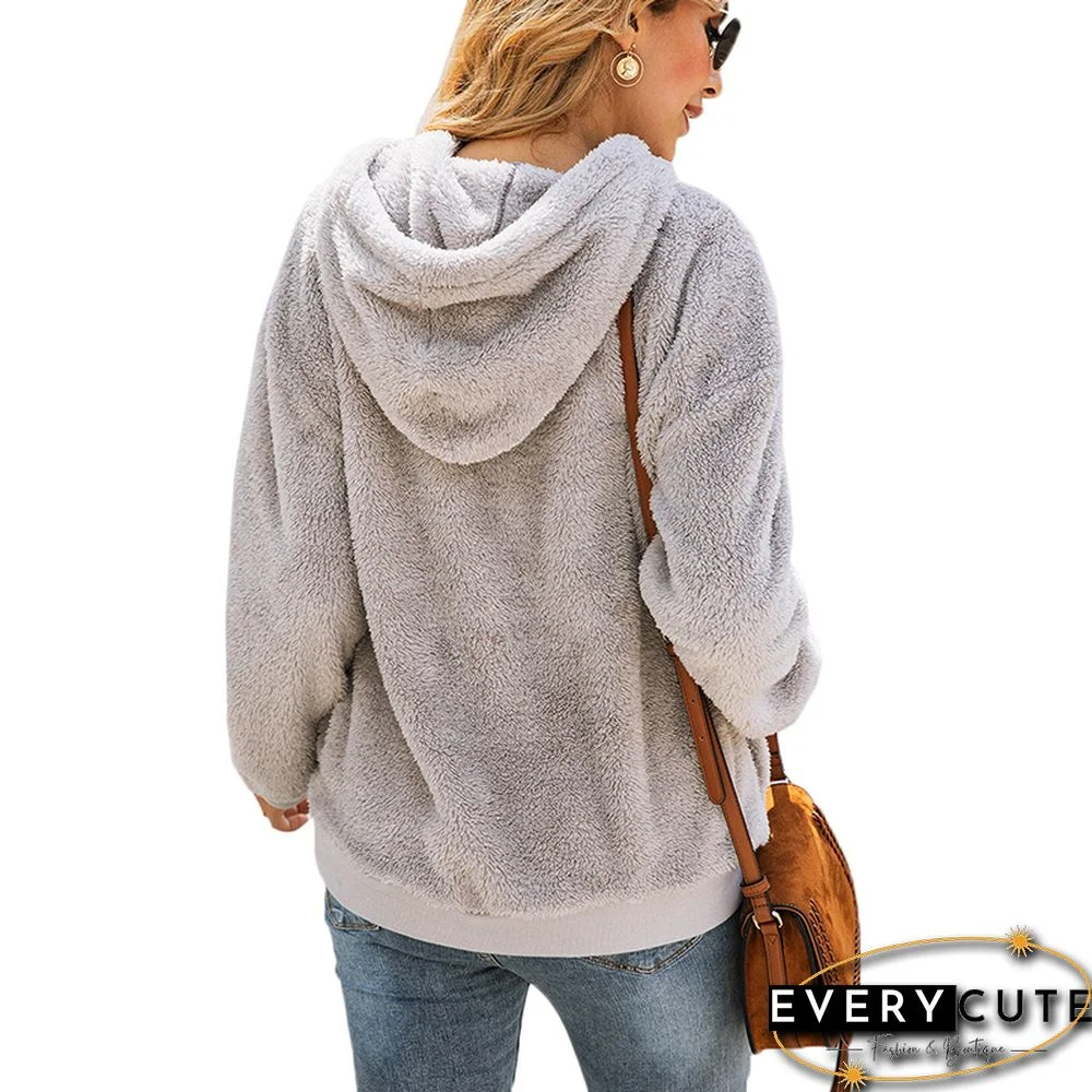 Light Gray 1/4 Zipper Furry Hoodie with Pockets