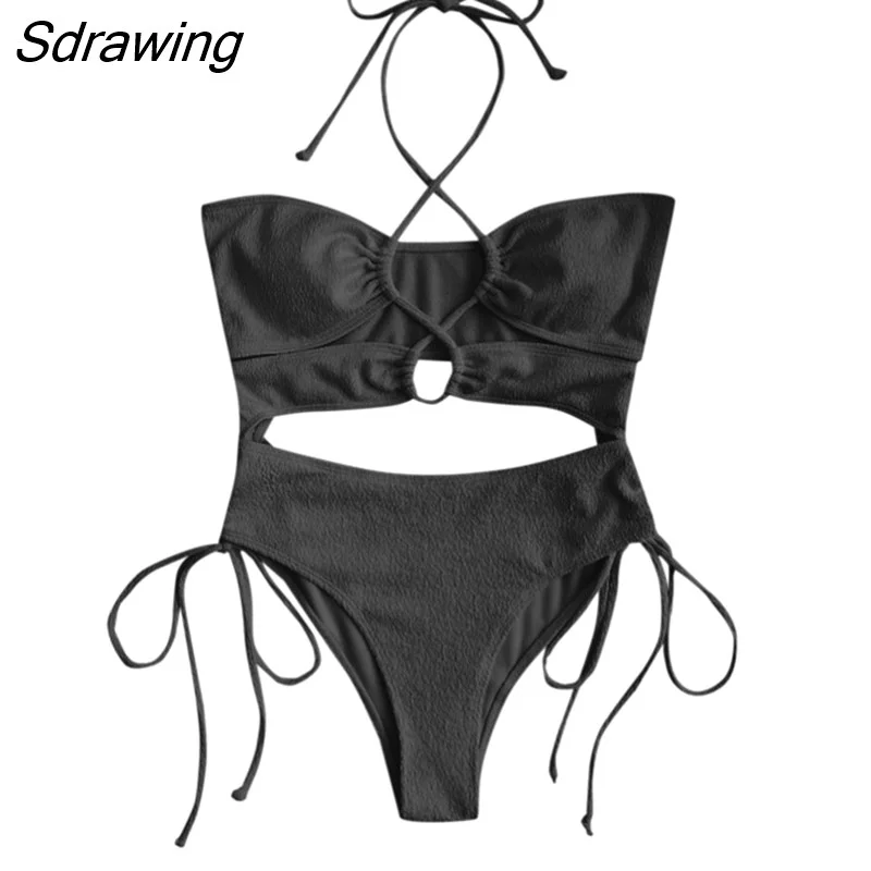Sdrawing Textured Lace Up Cinched Cutout Cheeky One-piece Swimsuit