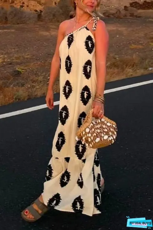Meridress Tie Knot One Shoulder Boho Printed Maxi Vacation Dress