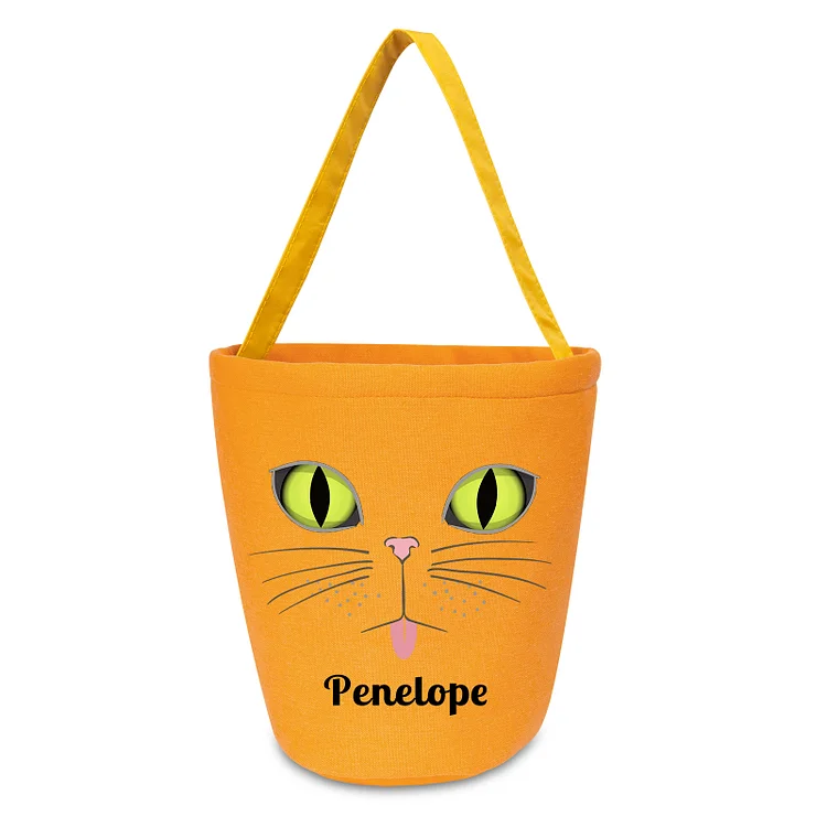 Personalized Happy Halloween Orange Cat Tote Bag, Custom 1 Name Candy Bag Halloween Gift Halloween Party