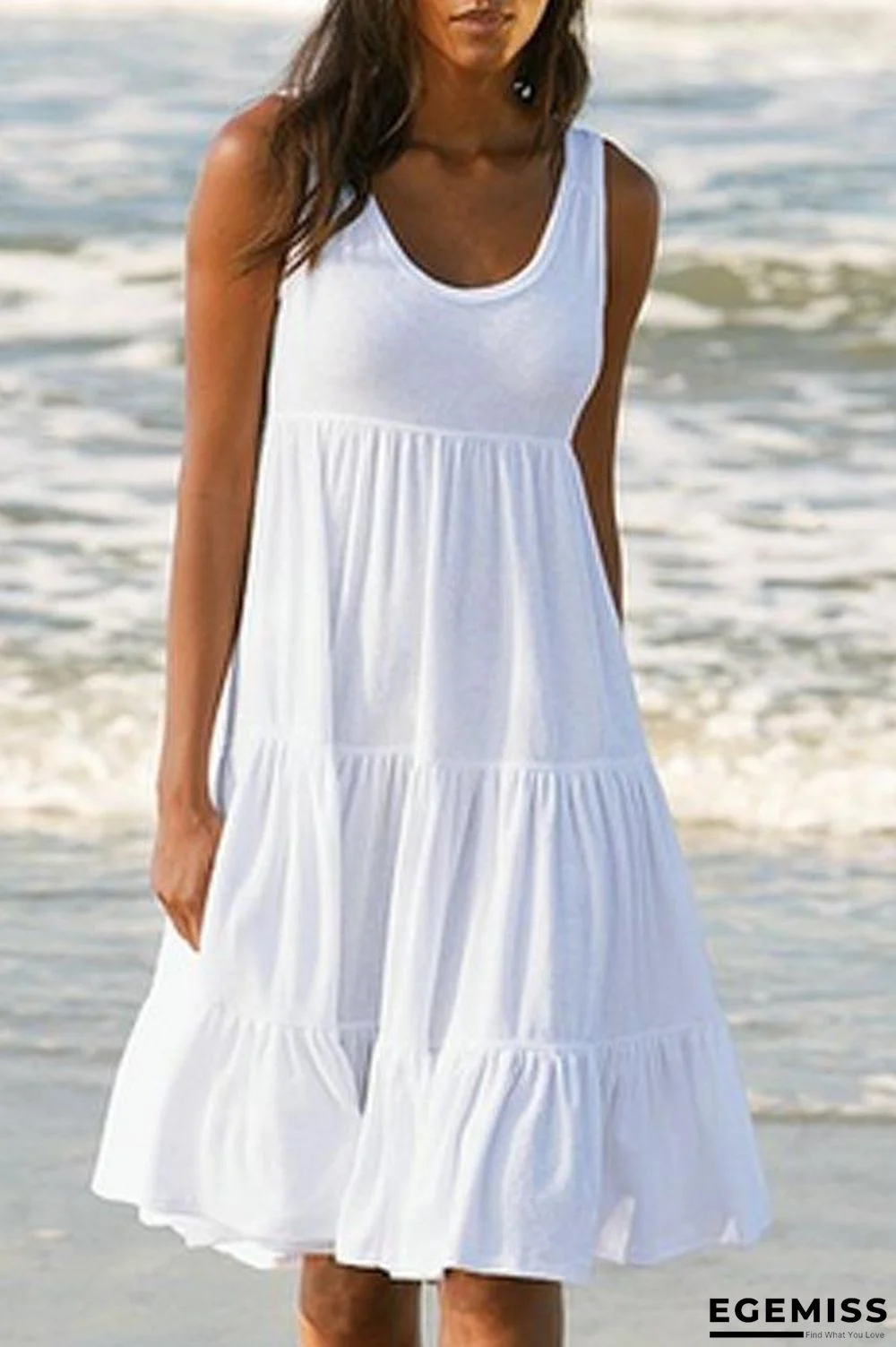 Paneled Solid Sleeveless Beach Midi Dress White Dresses | EGEMISS