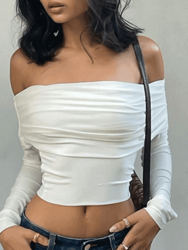 Toloer White Long Sleeve Off Shoulder Top-Outfit Ideas