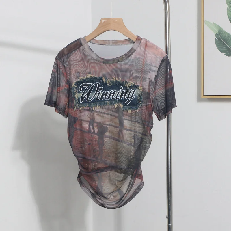 Churchf Real Shooting Embroidery With Straight Shoulder Short-Sleeved Mesh T-Shirt Fold Irregular Perspective Hood Top 25821