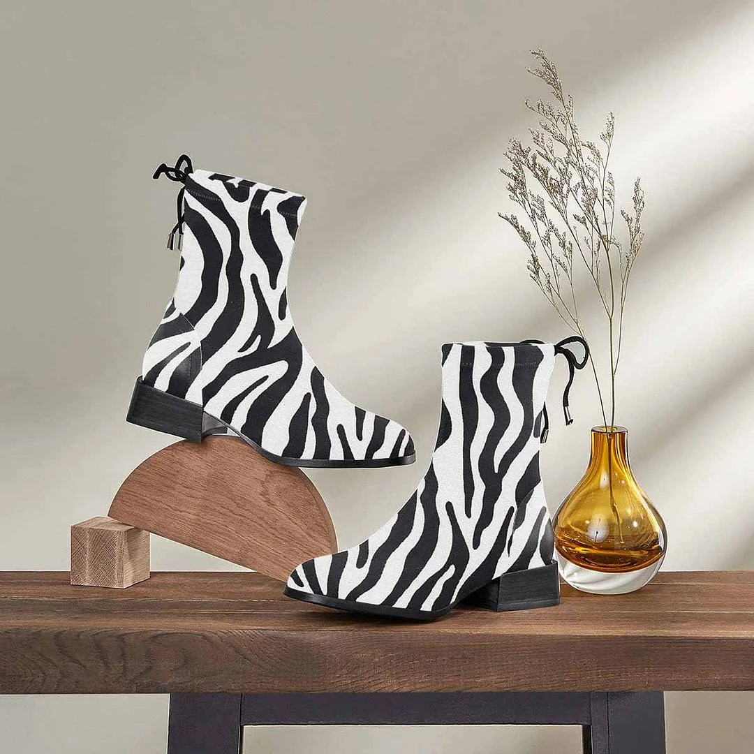 Black & White Zebra Printed Round Toe Lace-Up Ankle Booties