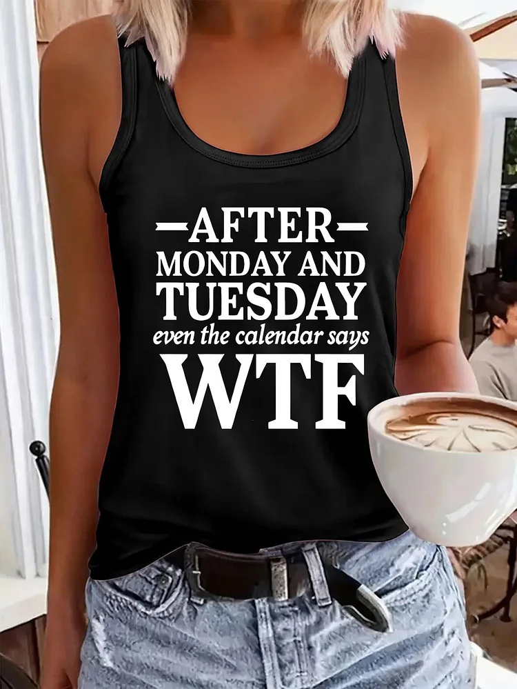 Women's Casual Polyester Tank Top With Bold White Letter Print - Quick-Dry Breathable Comfort Fit Round Neck Sleeveless Shirt For Spring/Summer Outdoor Activities, Machine Washable Stylish & Sporty Black Tops, Ladies Tank Tops, Humorous Graphic Tee