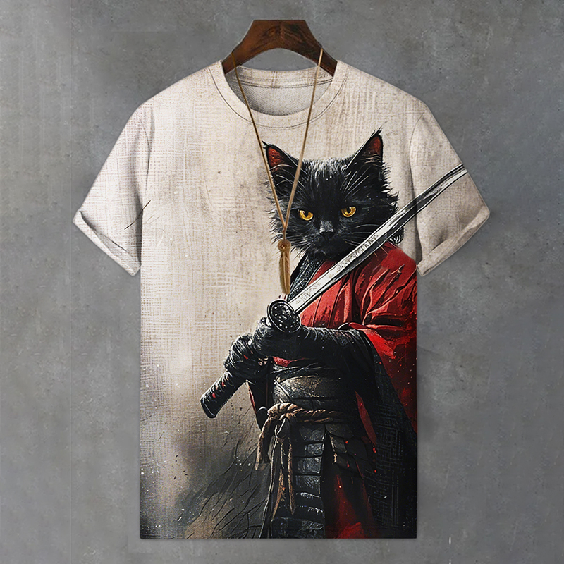 Men's Black Cat Samurai Ink Art Painting Print Comfortable T-shirt  artssus