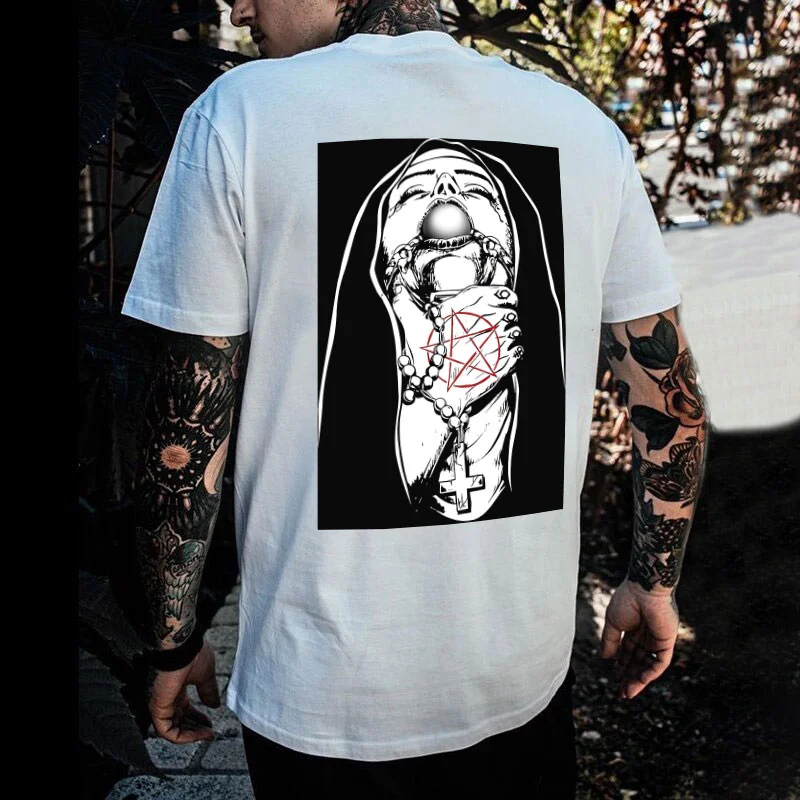 Chokehold Nun Religious Pattern Casual Black Print T-shirt