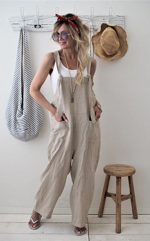 Rompers 2020 New Brand Women Casual Loose Cotton Linen Solid Pockets Jumpsuit Overalls Wide Leg Cropped Pants hot