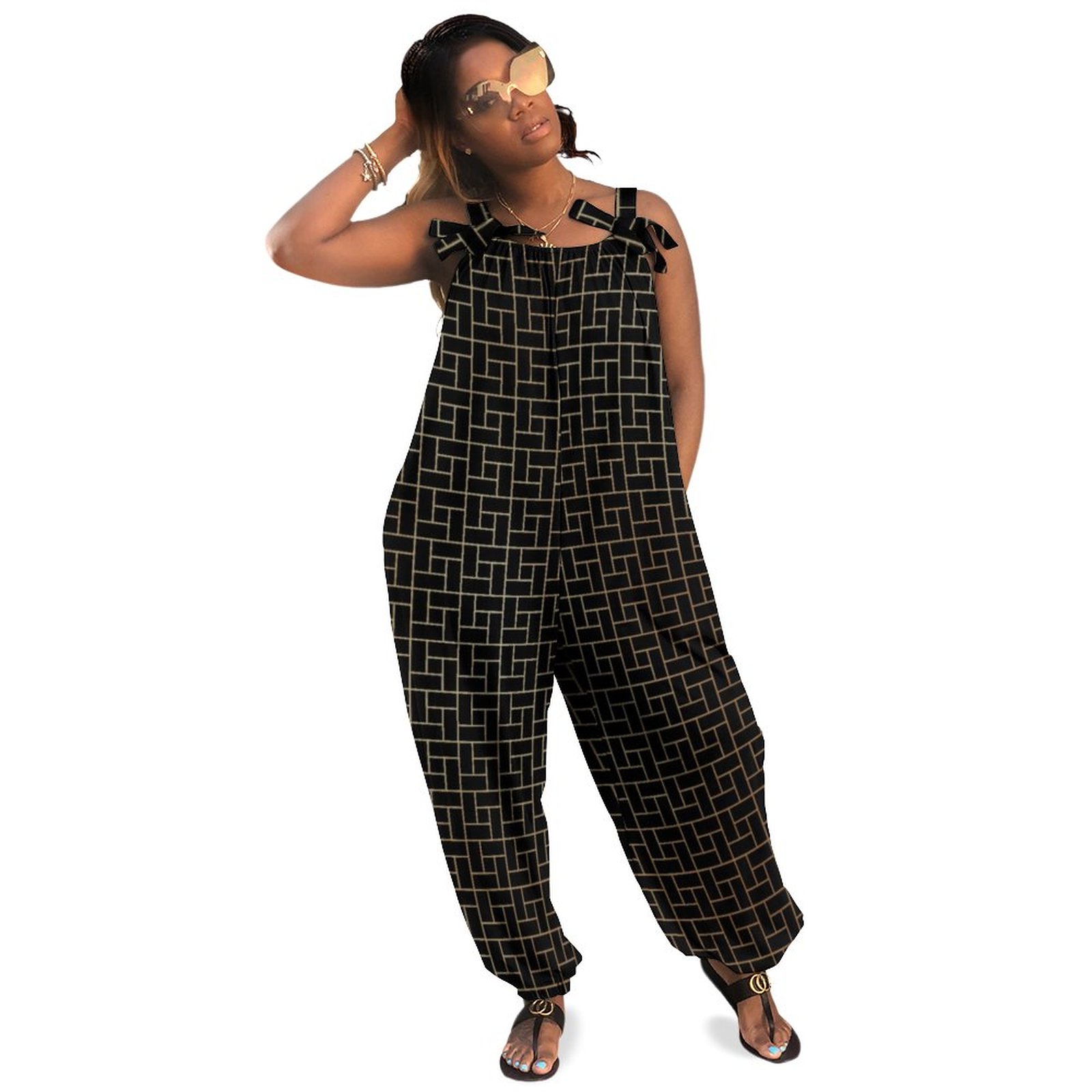 Elegant Modern Abstract Gold Basket Weave Pattern Women Plus Size Jumpsuit Summer Loose Harem Pants Casual Long Length Tassel Jumpsuit Plus Size Parachute Jumpsuit