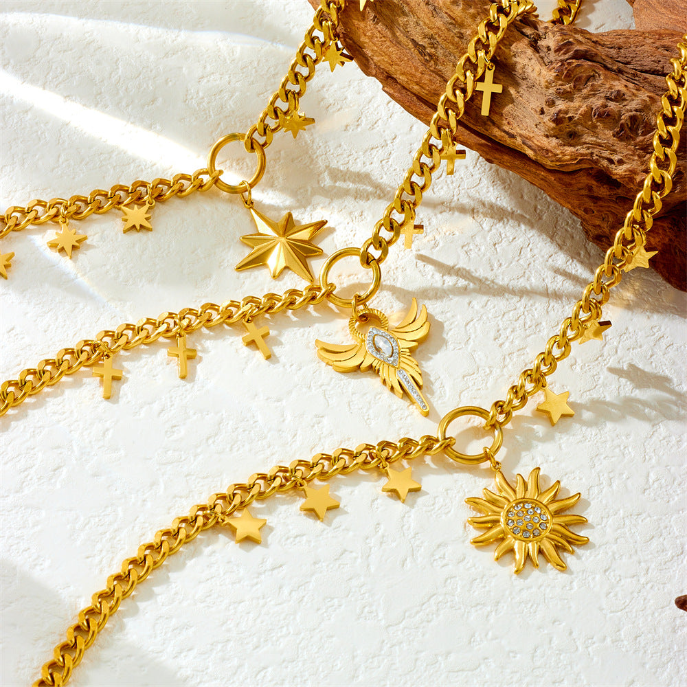 Neutral Style Stainless Steel Thick Chain Necklace Star Diamond Wing Sun Pendant Sweater Chain