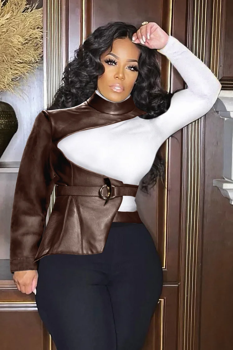 Plus Size Daily Jacket Brown One Shoulder PU Leather Irregular Jacket [Pre-Order]