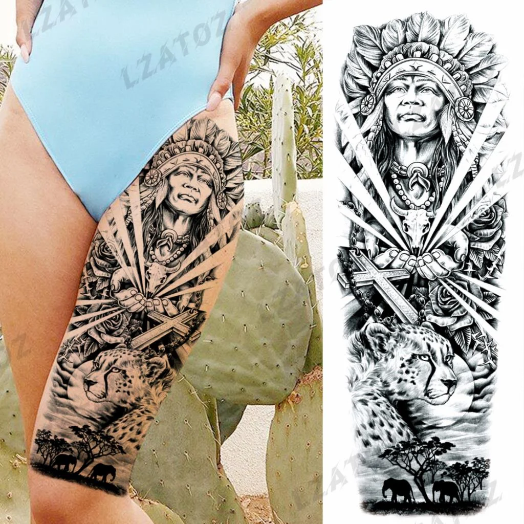 Sdrawing Sleeve Temporary Tattoos For Men Women Realistic Pirate Ship Wolf Tiger Skull Rose Flower Fake Tattoo Sticker Arm Tatoos