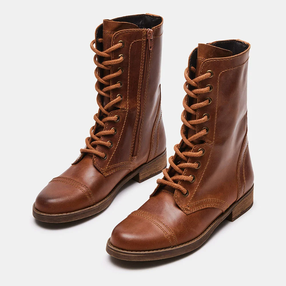 Brown Vegan Leather Lace Up Round Toe Heeled Ankle Bootss for Women