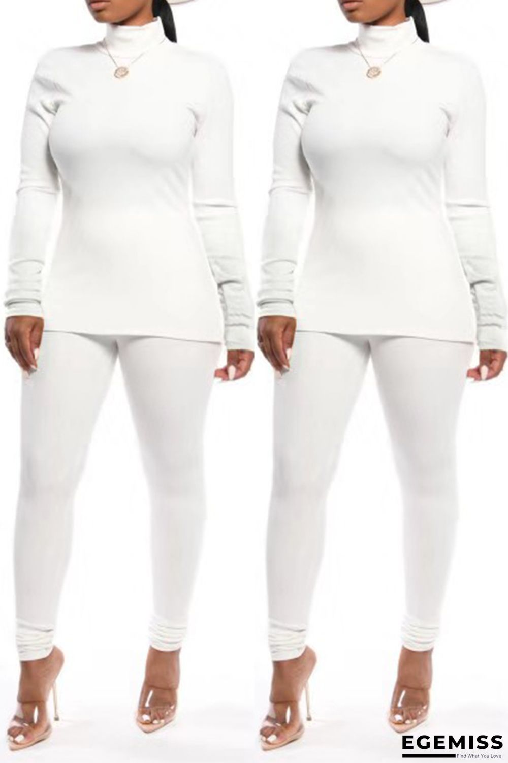 White Autumn And Winter Casual High Collar Solid Color Two-Piece Suit | EGEMISS