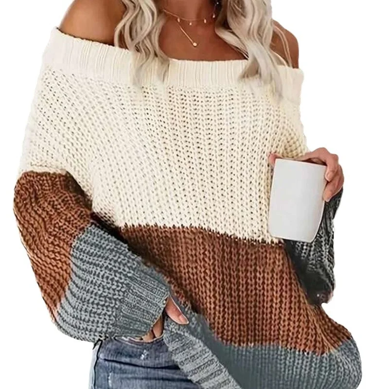 Athvotar Athvotar And Winter New Word Collar Shoulder Splicing Bump Color Loose Knitting Jacket Sweater